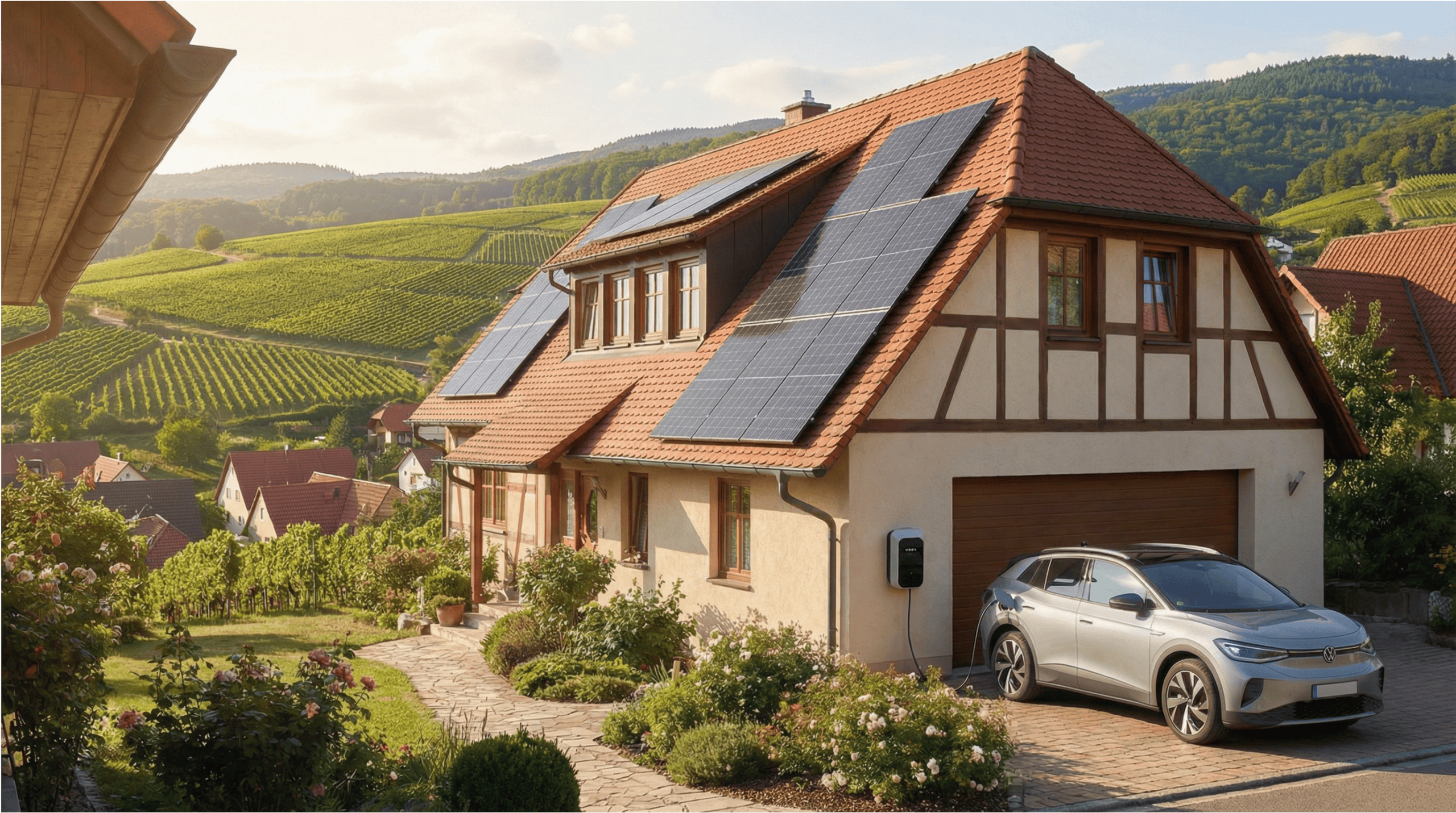 Ein Einfamilienhaus mit Solaranlagen auf dem Dach in einer ländlichen Umgebung.