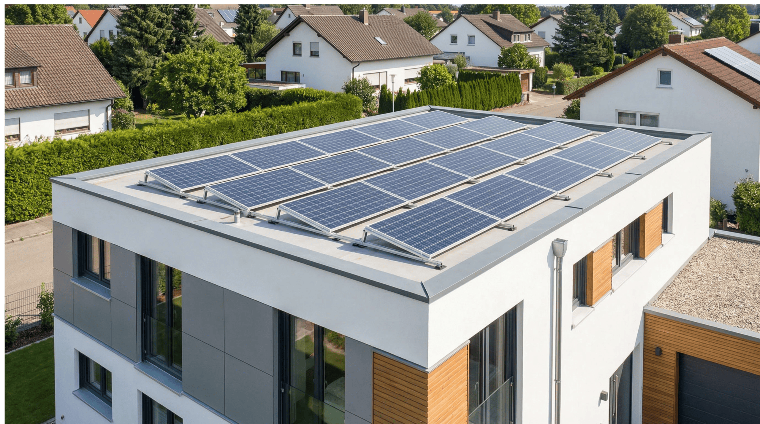 Solaranlage auf Dach eines modernen Hauses in einer Wohnsiedlung.